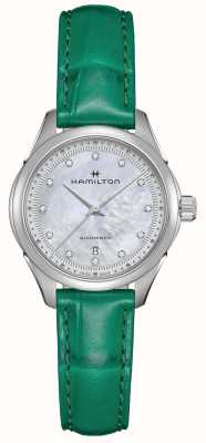 Hamilton Jazzmaster 女士自动上链腕表（30 毫米）珍珠母贝表盘/绿色皮表带 H32275890