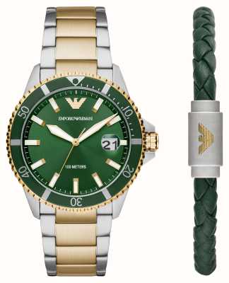 Emporio Armani 男士礼品套装 |绿色表盘 |两音手链|绿色皮革手链 AR80063SET