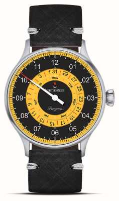 MeisterSinger 泛大陆日期 |黑色和黄色表盘|黑色皮表带 S-PDD9Z25