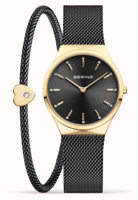 Bering 女士经典黑色和抛光金色手表和手链套装 12131-132-GWP