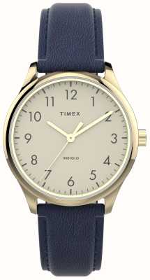 Timex 女士现代易读奶油色表盘/海军蓝皮革表带 TW2V36200