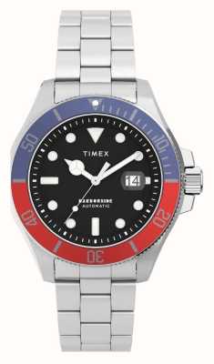 Timex 男士 Harborside Coast 自动上链腕表（43 毫米）黑色表盘不锈钢表链 TW2V72100