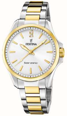 estina 女式太阳能（34mm）白色表盘/双色精钢表链 F20655/2