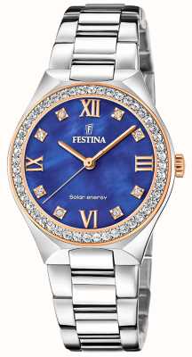 estina 女士太阳能（35mm）蓝色珍珠母贝/不锈钢手链 F20658/2