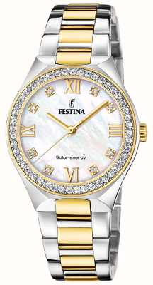 estina 女式太阳能（35毫米）珍珠贝母表盘/两色不锈钢表链 F20659/1