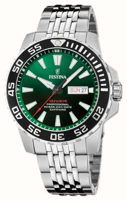 Festina 男士潜水员（45 毫米）绿色表盘/不锈钢表链 F20661/2