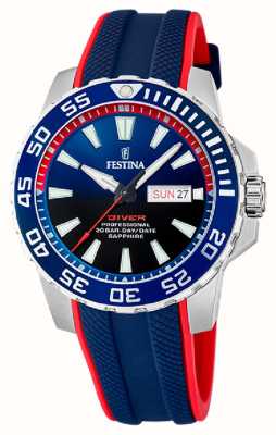 Festina 男士潜水员（45 毫米）蓝色表盘/蓝红橡胶表带 F20662/1