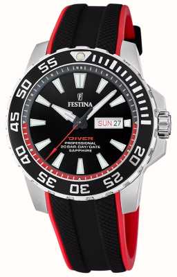 Festina 男士潜水员（45 毫米）黑色表盘/黑红橡胶表带 F20662/3