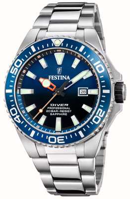 estina 男士潜水员（45.7 毫米）蓝色表盘/不锈钢表链 F20663/1
