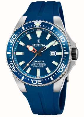 estina 男士潜水员（45.7 毫米）蓝色表盘/蓝色橡胶表带 F20664/1