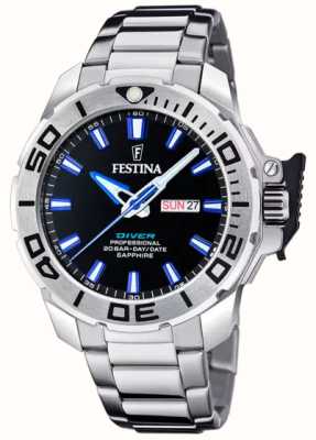 Festina 男士潜水员（46.3 毫米）黑色表盘/不锈钢表链 F20665/3