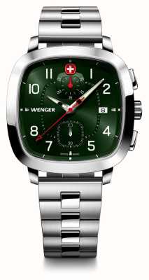 Wenger 男士复古运动计时码表（40 毫米）绿色表盘/不锈钢表链 01.1933.112