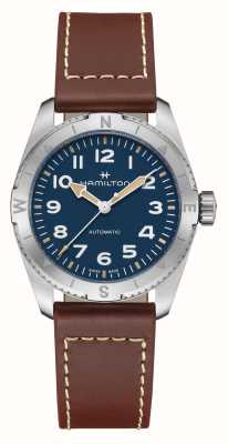 Hamilton 卡其色野外探险自动腕表（37毫米）蓝色表盘/棕色皮表带 H70225540