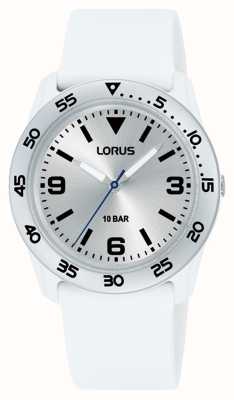 Lorus 儿童石英 100m（36.5mm）银色太阳纹表盘/白色 PU 表带 RRX93HX9