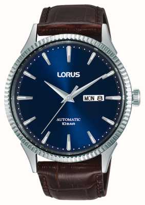 Lorus 经典自动星期/日期 100m（43mm）蓝色太阳纹表盘/棕色皮革 RL475AX9