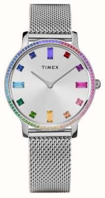 Timex 女式（34 毫米）银色表盘彩虹水晶/不锈钢网状手链 TW2W19100