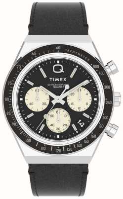 Timex Q 潜水员灵感计时码表（40 毫米）黑色表盘/黑色皮革表带 TW2V42700