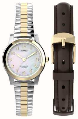 Timex 女士礼品套装（25毫米）珍珠贝母表盘/双色不锈钢和棕色皮表带套装 TWG063400