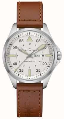 Hamilton 卡其色航空飞行员星期日历型自动腕表（42毫米）银色表盘/棕色皮表带 H64635550