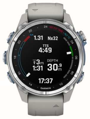 Garmin Descent mk3 潜水电脑和智能手表（43 毫米）不锈钢，带雾灰色硅胶表带 010-02753-04