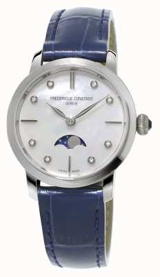 Frederique Constant 女士超薄月相钻石镶嵌蓝色皮革表带 FC-206MPWD1S6