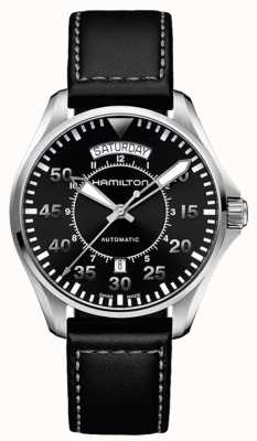 Hamilton 卡其色航空飞行员星期日历型自动腕表（42毫米）黑色表盘/黑色皮表带 H64615735