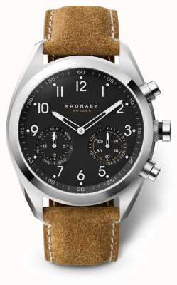 Kronaby 43毫米顶点黑色表盘棕色绒面革表带a1000-3112 S3112/1