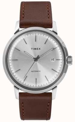Timex 男士自动棕色皮表带银色表盘 TW2T22700