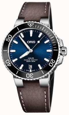 ORIS Aquis 日期自动腕表（39.5 毫米）蓝色表盘/棕色皮表带 01 733 7732 4135-07 5 21 10FC