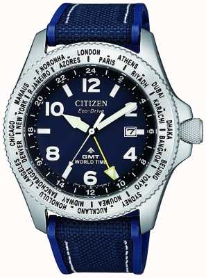 Citizen 男士生态驱动 promaster gmt 蓝色表盘蓝色帆布表带手表 BJ7100-15L