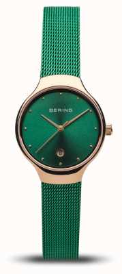 Bering 女装经典|绿色网眼表带|抛光玫瑰金 13326-868