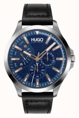 HUGO 男子＃飞跃|蓝色表盘|玫瑰金配饰|黑色皮革表带手表 1530172