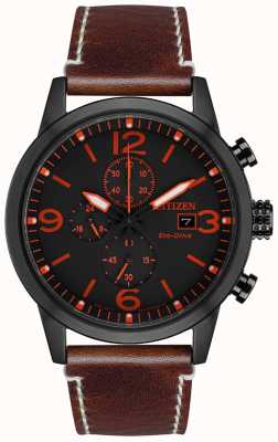 Citizen 男士运动型生态驱动黑色ip棕色皮革表带手表 CA0617-11E