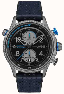 AVI-8 小贩猎人|计时码表|黑色表盘|蓝色皮革表带 AV-4080-02