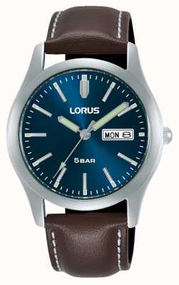 Lorus 经典星期/日期（38毫米）深蓝色太阳纹表盘/棕色皮革 RXN81DX9