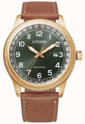 Citizen 连衣裙 |绿色表盘 |棕色表带 BM7483-15X