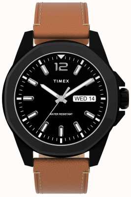 Timex Essex ave day/date 44 毫米黑色表壳黑色表盘棕色皮革表带 TW2U15100
