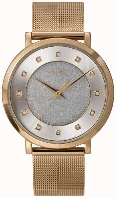 Timex 女士天体奢华 38 毫米金色表壳银色闪光表盘，带水晶标记和金色网眼手链 TW2U67100