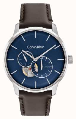 Calvin Klein 男士自动棕色皮表带蓝色表盘手表 25200075