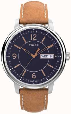 Timex 芝加哥蓝色表盘棕色皮革表带 TW2V29000