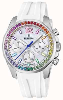 Festina 女士精钢计时手表，带 cz 套装和橡胶表带 F20610/2