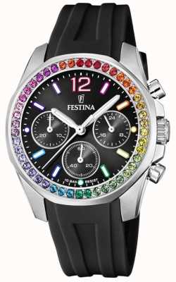 Festina 女士精钢计时手表，带 cz 套装和橡胶表带 F20610/3