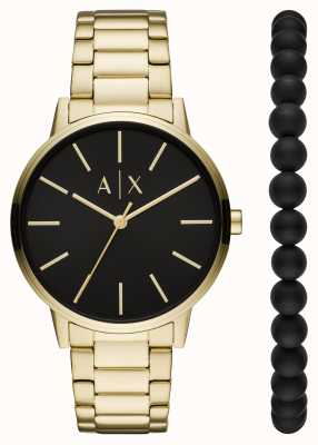 Armani Exchange 男士手表和手链礼品套装|黄金不锈钢手表|黑色串珠手链 AX7119