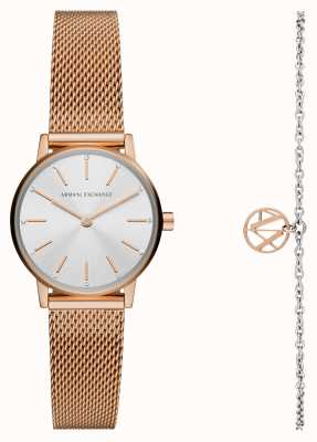Armani Exchange 女士手表和手链礼品套装|银色表盘|玫瑰金钢网手链 AX7121