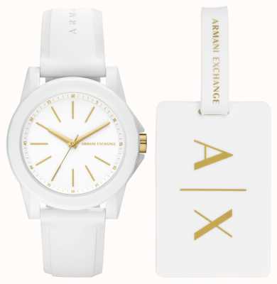 Armani Exchange 女装 |手表和行李牌礼品套装| 高分辨率照片| CLIPARTO白色硅胶表带 AX7126