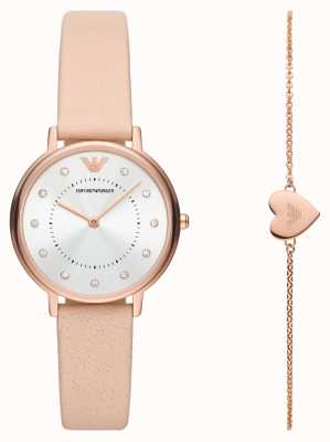 Emporio Armani 女士礼品套装 |粉色皮革表带手表|玫瑰金色调手链 AR80058