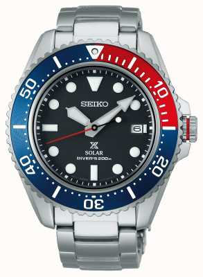 Seiko 男士 Prospex 42.8 毫米太阳蓝宝石 |蓝色和红色边框|黑色表盘 |不锈钢手链 SNE591P1